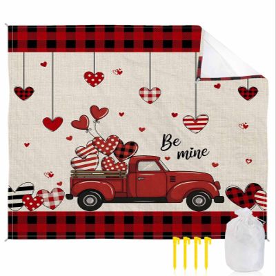 Beach Blanket, Valentine's Day Red Truck and Love Heart Beige Texture Beach Mat 95"x80" Large Picnic Blanket,Sandproof Waterproof Outdoor Beach Blankets for Travel Camping Hiking Beach Vacation
