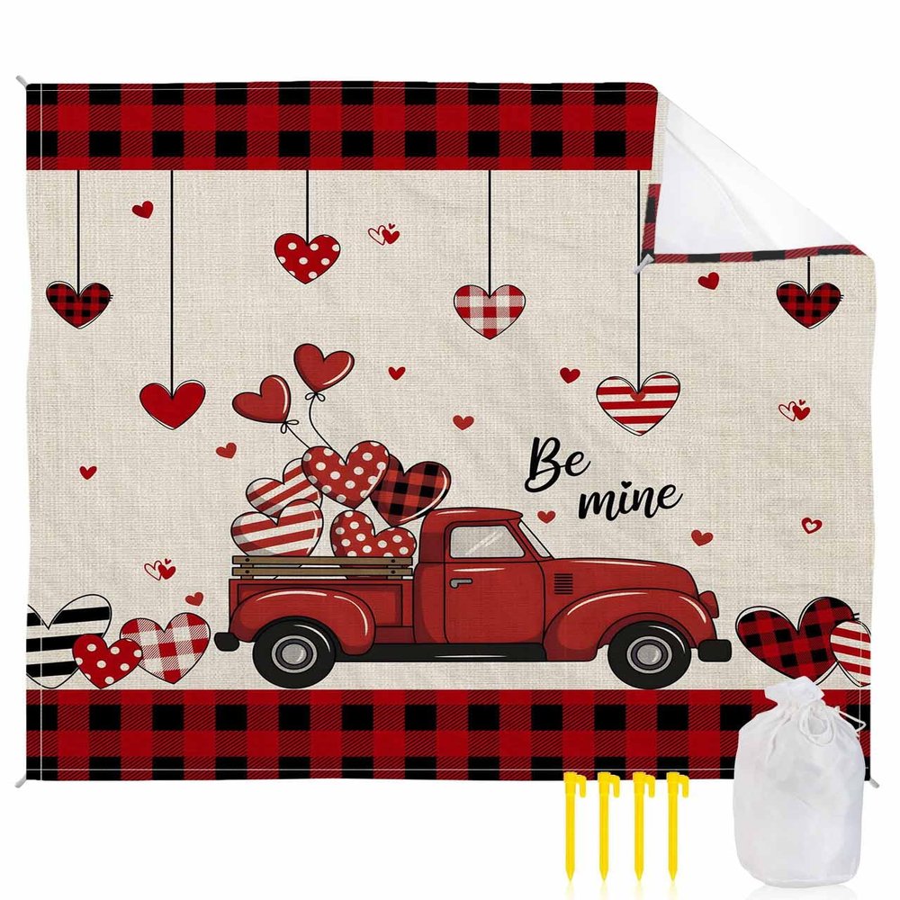 Beach Blanket, Valentine's Day Red Truck and Love Heart Beige Texture Beach Mat 95"x80" Large Picnic Blanket,Sandproof Waterproof Outdoor Beach Blankets for Travel Camping Hiking Beach Vacation