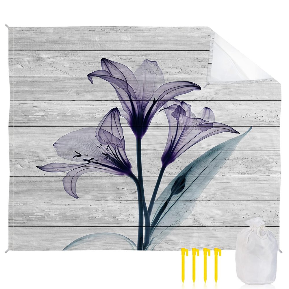 Beach Blanket, Abstract Transparent Purple Lilies Wood Grain Beach Mat 95"x80" Large Picnic Blanket,Sandproof Waterproof Outdoor Beach Blankets for Travel Camping Hiking Beach Vacation