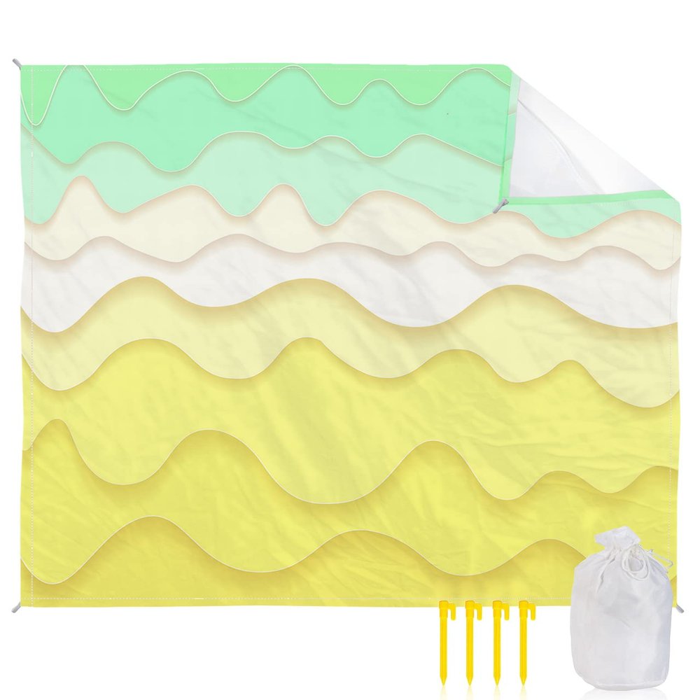 Beach Blanket, Summer Green White Yellow Simple Wave Striped Beach Mat 108"x84" Large Picnic Blanket,Sandproof Waterproof Outdoor Beach Blankets for Travel Camping Hiking Beach Vacation