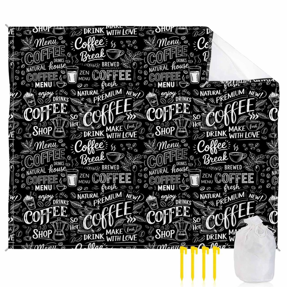 Beach Blanket, Mid-Century Modern Coffee Shop Letterings Patterns Black Beach Mat 83"x79" Large Picnic Blanket,Sandproof Waterproof Outdoor Beach Blankets for Travel Camping Hiking Beach Vacation