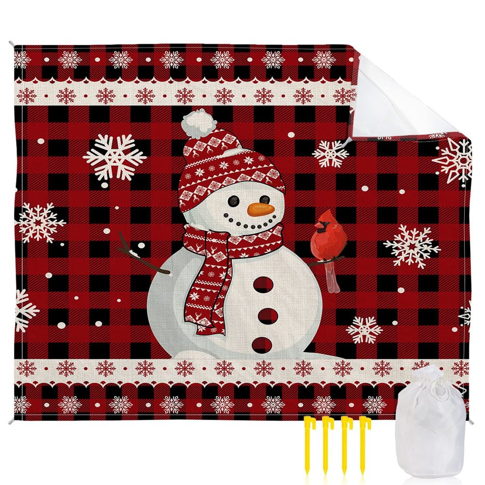Beach Blanket, Christmas Tres Snowman Snowflake Black and Red Plaid Buffalo Beach Mat 83"x79" Large Picnic Blanket,Sandproof Waterproof Outdoor Beach Blankets for Travel Camping Hiking Beach Vacation