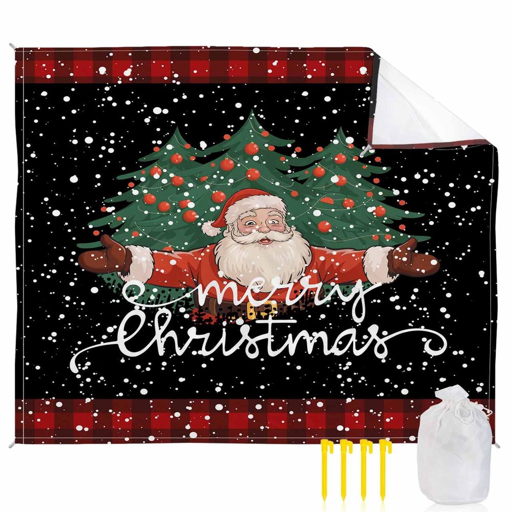 Beach Blanket, Merry Christmas Santa Xmas Tree Winter Snow Red Plaid Beach Mat 95"x80" Large Picnic Blanket,Sandproof Waterproof Outdoor Beach Blankets for Travel Camping Hiking Beach Vacation