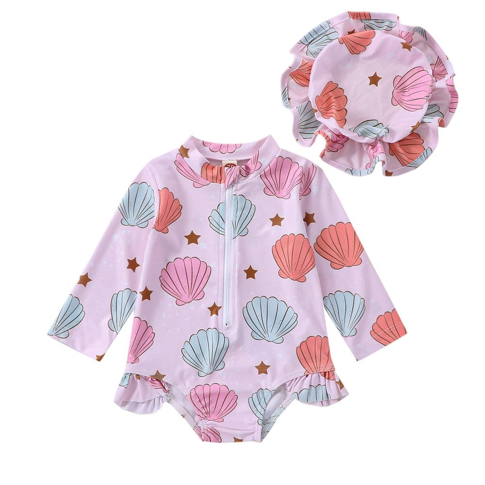 Hnyenmcko Infant Toddler Baby Girl One-Piece Swimsuit Floral/Flamingo Print Zipper Long Sleeve Ruffled Swimwear Bathing Suit (Hat-Shell, 12-18 Months)