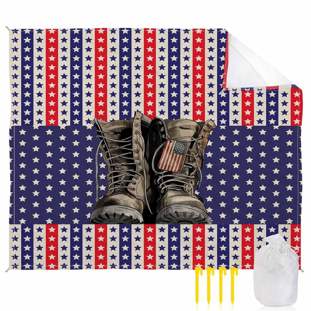 Beach Blanket, Independence Day Classic Boots And Stars On Red Blue Stripes Beach Mat 83"x79" Large Picnic Blanket,Sandproof Waterproof Outdoor Beach Blankets for Travel Camping Hiking Beach Vacation