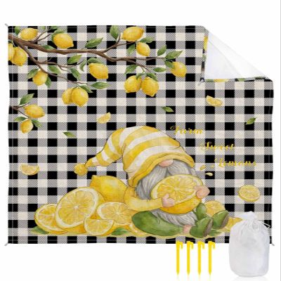 Beach Blanket, Summer Lemon Tree Gnome Black and White Plaid Buffalo Beach Mat 83"x79" Large Picnic Blanket,Sandproof Waterproof Outdoor Beach Blankets for Travel Camping Hiking Beach Vacation