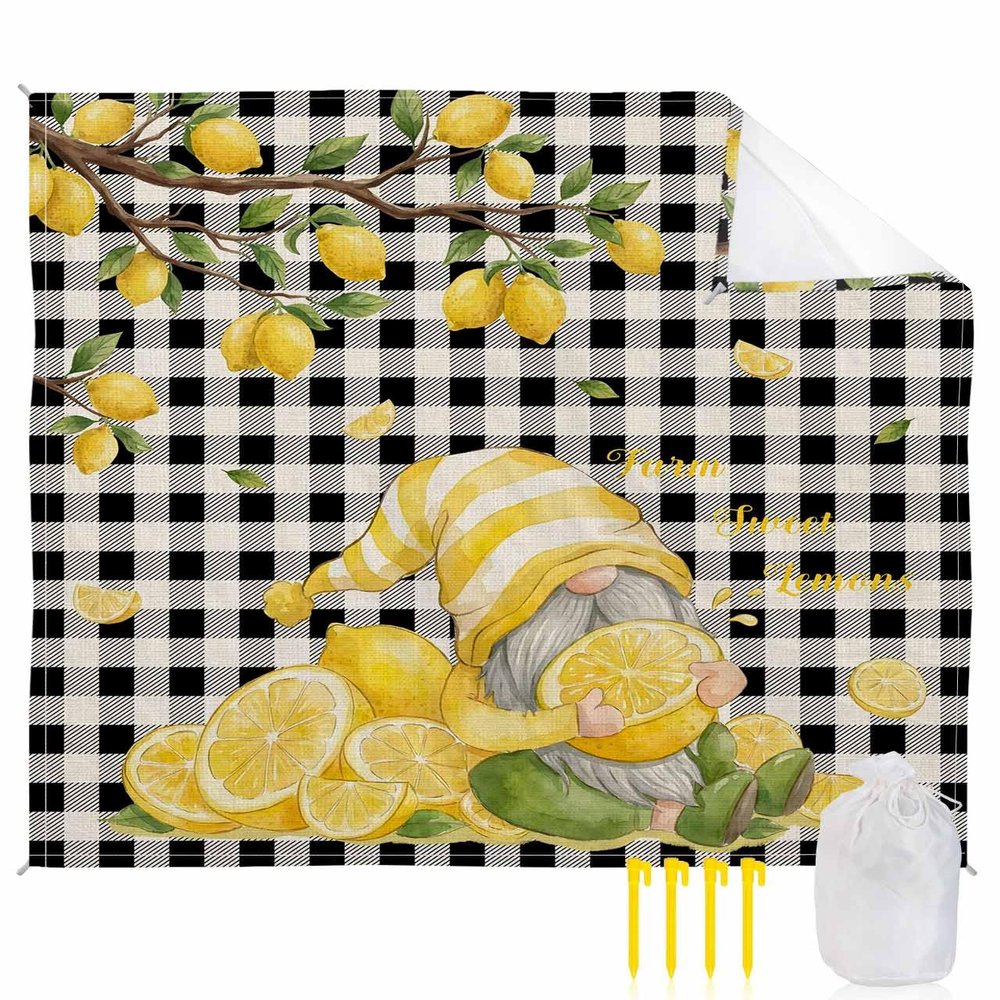 Beach Blanket, Summer Lemon Tree Gnome Black and White Plaid Buffalo Beach Mat 83"x79" Large Picnic Blanket,Sandproof Waterproof Outdoor Beach Blankets for Travel Camping Hiking Beach Vacation