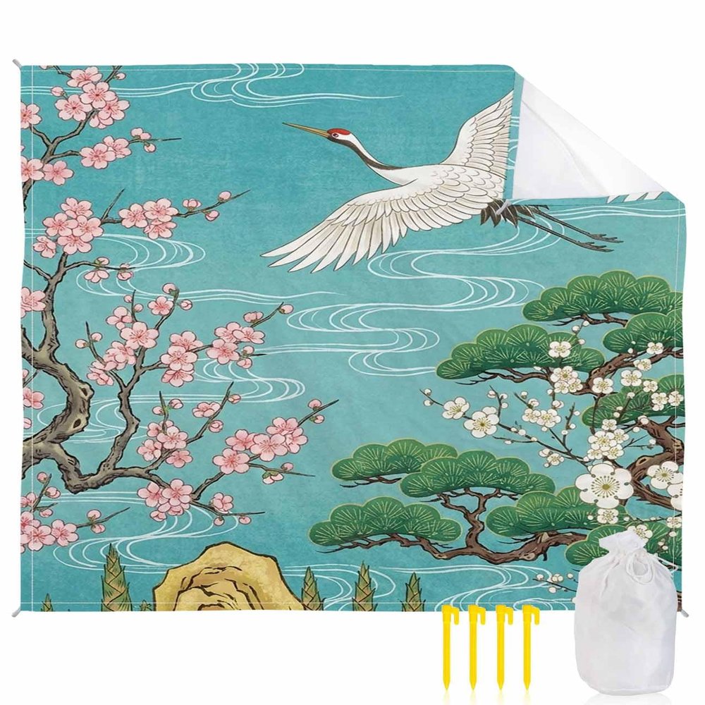 Beach Blanket, Japanese Retro Crane Pine and Cherry Blossoms Beach Mat 83"x79" Large Picnic Blanket,Sandproof Waterproof Outdoor Beach Blankets for Travel Camping Hiking Beach Vacation