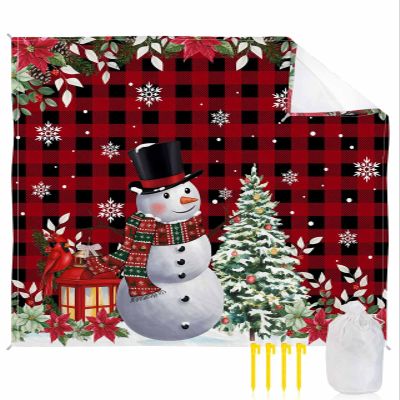 Beach Blanket, Happy Christmas Snowman Snowflake on Red and Black Buffalo Check Beach Mat 83"x79" Large Picnic Blanket,Sandproof Waterproof Outdoor Beach Blankets for Travel Camping Hiking