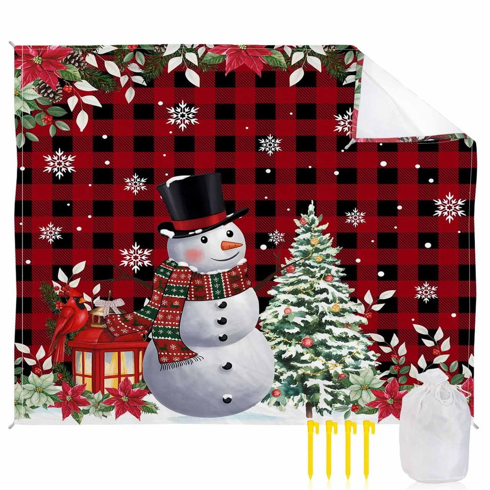 Beach Blanket, Happy Christmas Snowman Snowflake on Red and Black Buffalo Check Beach Mat 83"x79" Large Picnic Blanket,Sandproof Waterproof Outdoor Beach Blankets for Travel Camping Hiking