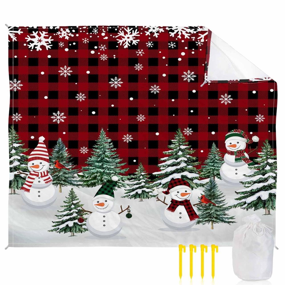 Beach Blanket, Christmas Snowman Xmas Tree Red Black Buffalo Plaid Beach Mat 108"x84" Large Picnic Blanket,Sandproof Waterproof Outdoor Beach Blankets for Travel Camping Hiking Beach Vacation