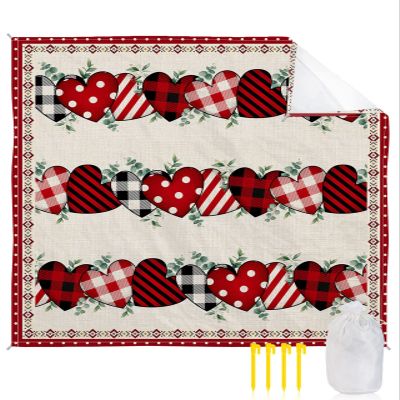 Beach Blanket, Valentine's Day Red Love Heart with Eucalyptus Leaves Bohemian Beach Mat 95"x80" Large Picnic Blanket,Sandproof Waterproof Outdoor Beach Blankets for Travel Camping Hiking