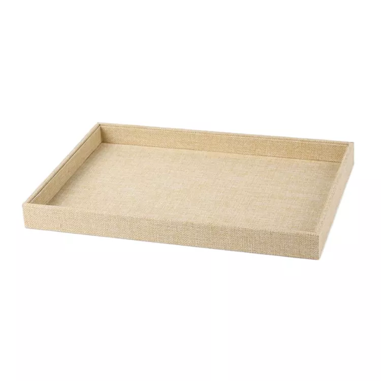1 Piece Linen Jewelry Display Tray Jewelry Viewing Tray Stackable Jewelry Tray Showcase Organizer Jewelry Display Empty Plate for Necklace Bracelet Ring Earring Watch, 13.8 x 9.4 Inch, Beige