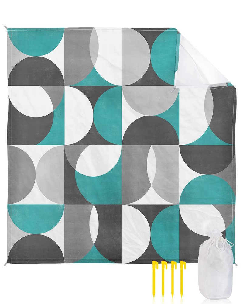 Beach Blanket, Retro Middle Ages Abstract Geometic Teal Gray Pattern Beach Mat 95"x80" Large Picnic Blanket,Sandproof Waterproof Outdoor Beach Blankets for Travel Camping Hiking Beach Vacation