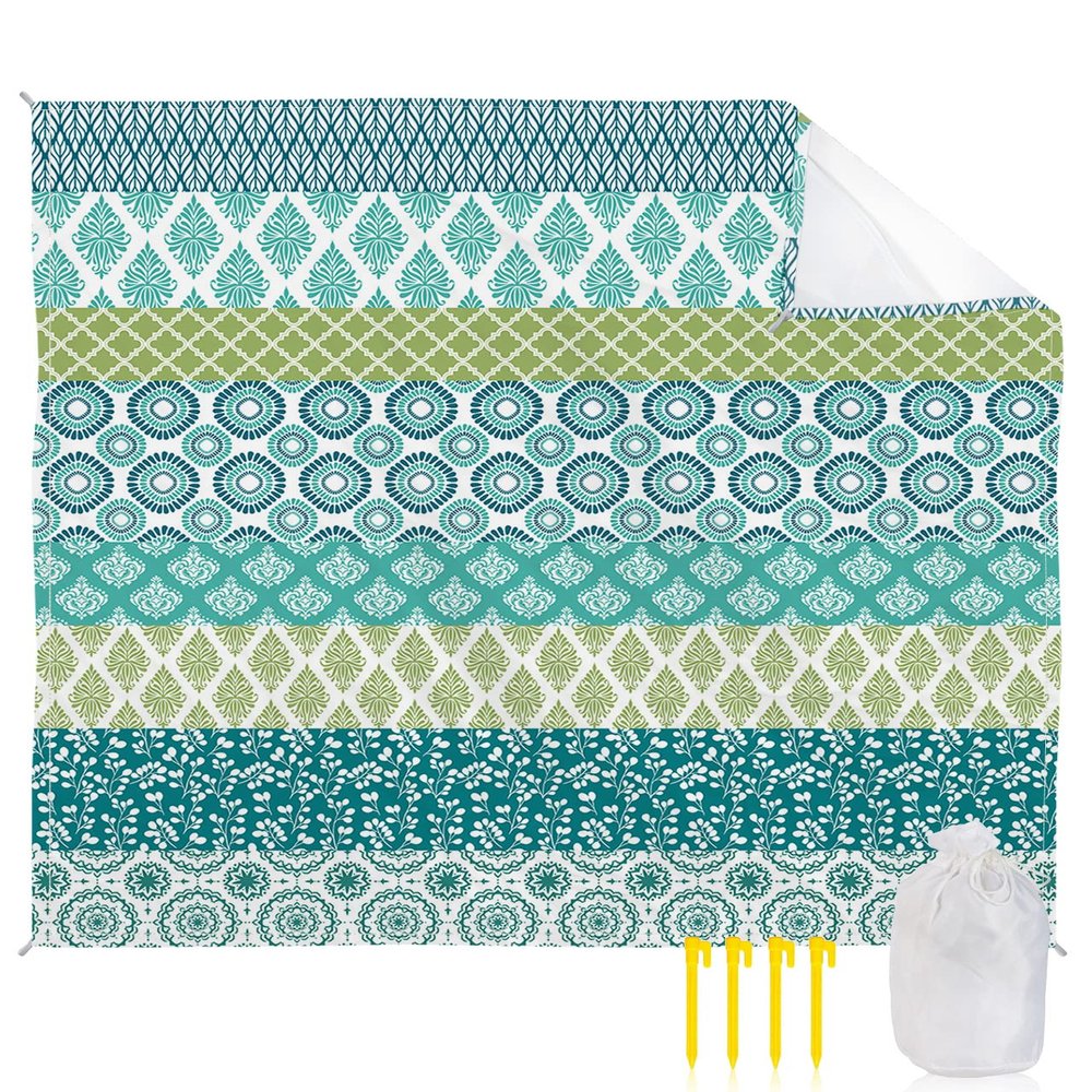 Beach Blanket, Boho Geometric Floral Stripe Ethnic Turquoise Teal Green Beach Mat 95"x80" Large Picnic Blanket,Sandproof Waterproof Outdoor Beach Blankets for Travel Camping Hiking Beach Vacation