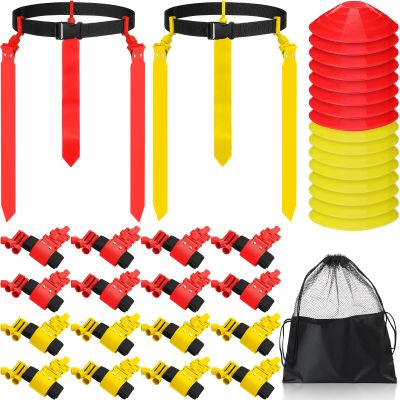Wettarn 16 Players 10/16 Player Flag Football Belts Adjustable Flag Football Set with Cones Bag for Youth Adults Kids Training Sport (Red,Yellow)