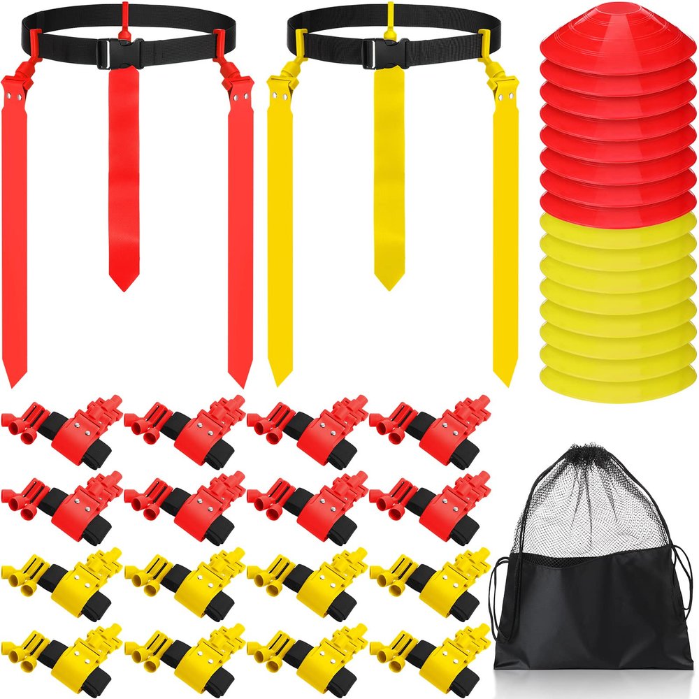 Wettarn 16 Players 10/16 Player Flag Football Belts Adjustable Flag Football Set with Cones Bag for Youth Adults Kids Training Sport (Red,Yellow)