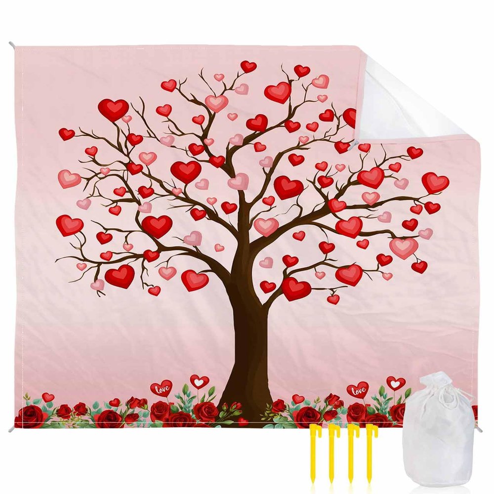 Beach Blanket, Romantic Red Pink Love Heart Tree Valentine's Day Beach Mat 83"x79" Large Picnic Blanket,Sandproof Waterproof Outdoor Beach Blankets for Travel Camping Hiking Beach Vacation