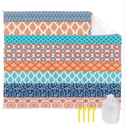 Beach Blanket, Boho Geometric Floral Stripe Ethnic Turquoise Orange Blue Beach Mat 95"x80" Large Picnic Blanket,Sandproof Waterproof Outdoor Beach Blankets for Travel Camping Hiking Beach Vacation