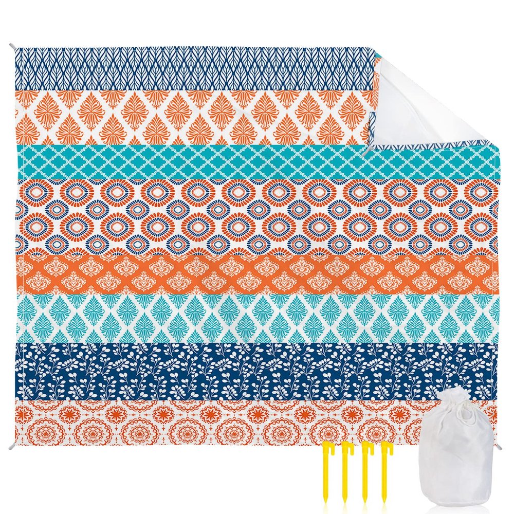 Beach Blanket, Boho Geometric Floral Stripe Ethnic Turquoise Orange Blue Beach Mat 95"x80" Large Picnic Blanket,Sandproof Waterproof Outdoor Beach Blankets for Travel Camping Hiking Beach Vacation