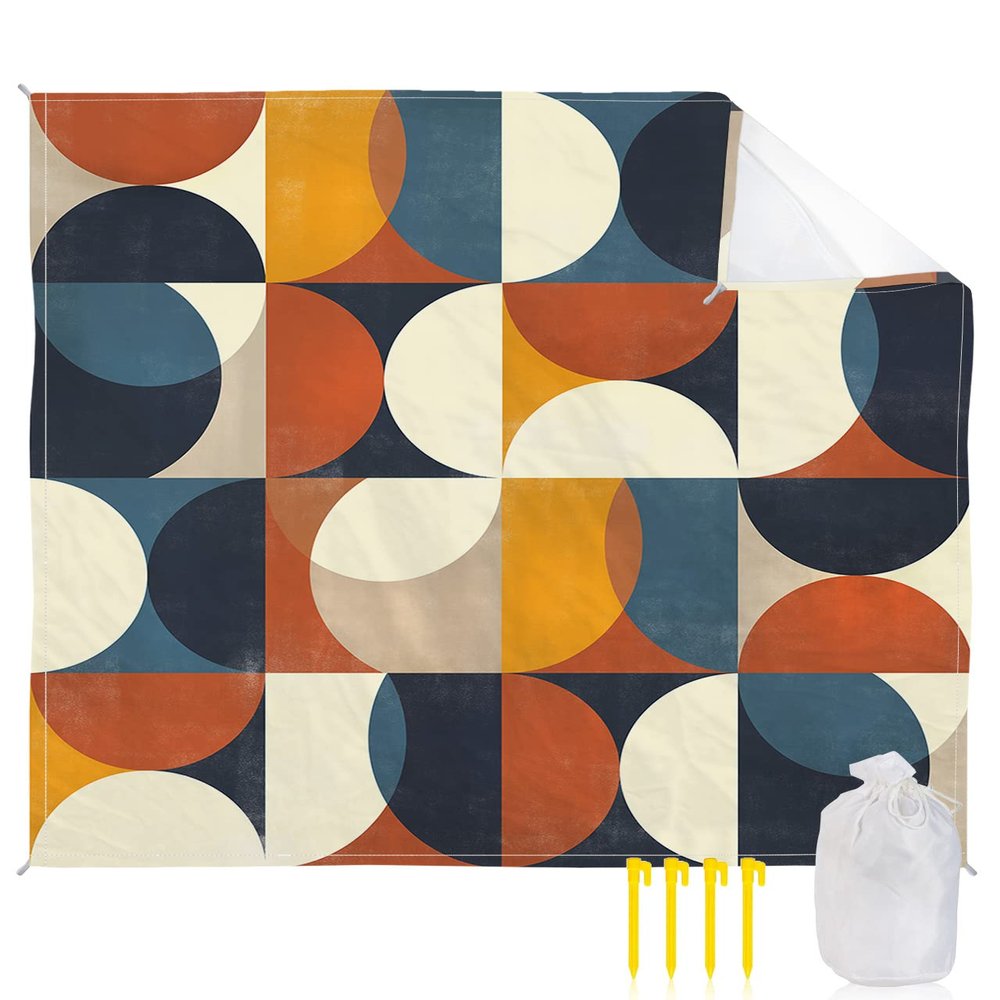 Beach Blanket, Retro Middle Ages Abstract Geometic Orange Blue Pattern Beach Mat 95"x80" Large Picnic Blanket,Sandproof Waterproof Outdoor Beach Blankets for Travel Camping Hiking Beach Vacation