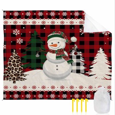 Beach Blanket, Christmas Snowman Xmas Plaid Tree Red Buffalo Plaid Beach Mat 108"x84" Large Picnic Blanket,Sandproof Waterproof Outdoor Beach Blankets for Travel Camping Hiking Beach Vacation