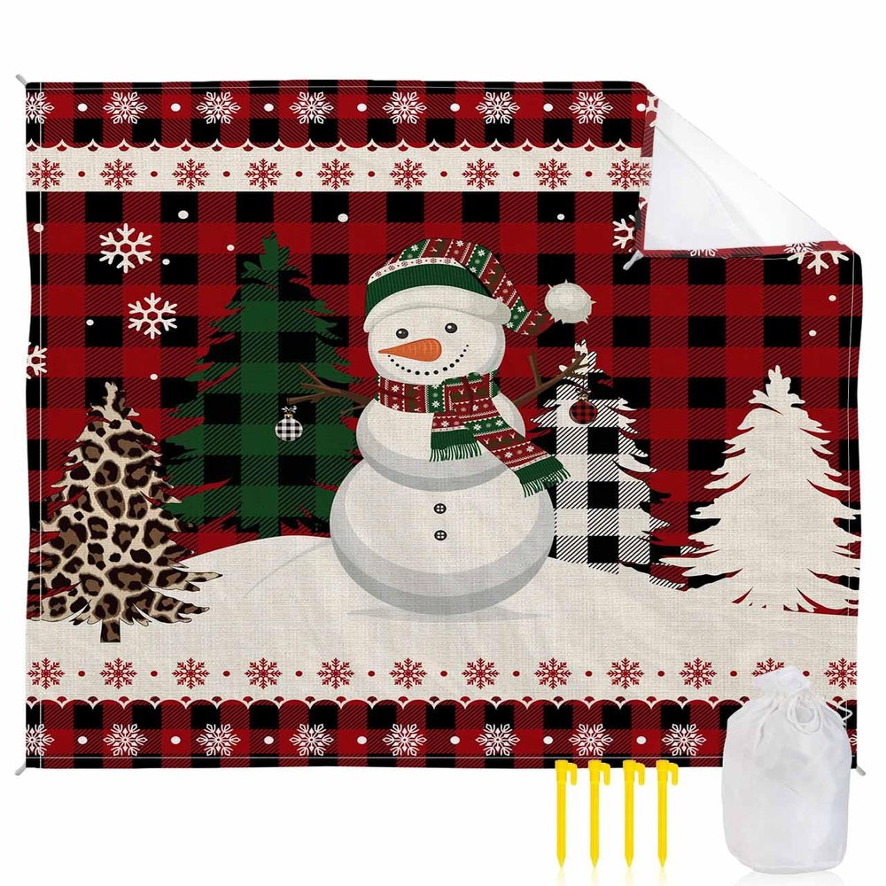 Beach Blanket, Christmas Snowman Xmas Plaid Tree Red Buffalo Plaid Beach Mat 108"x84" Large Picnic Blanket,Sandproof Waterproof Outdoor Beach Blankets for Travel Camping Hiking Beach Vacation