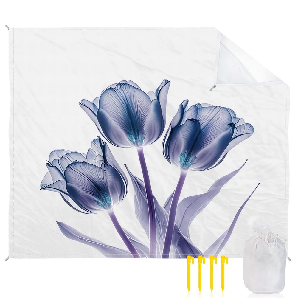 Beach Blanket, Abstract Transparent Flower Tulip Blue Purple Beach Mat 83"x79" Large Picnic Blanket,Sandproof Waterproof Outdoor Beach Blankets for Travel Camping Hiking Beach Vacation