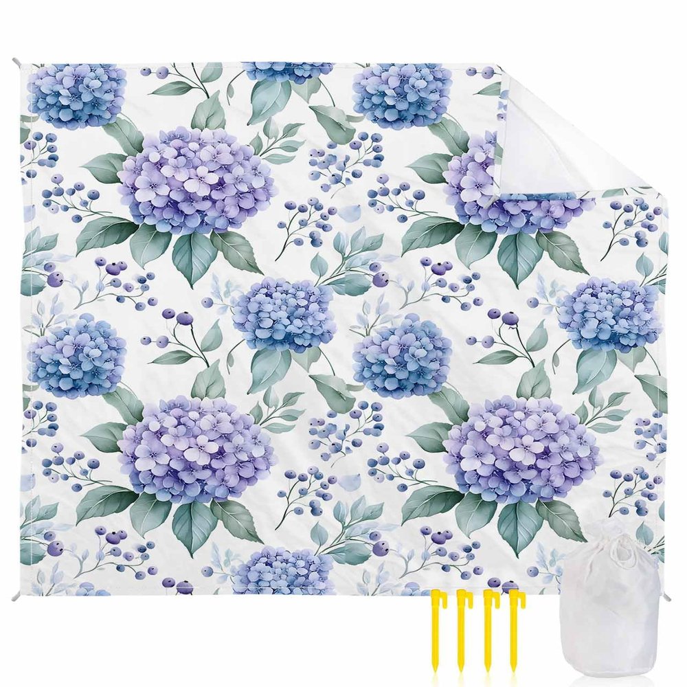 Beach Blanket, Watercolor Hydrangea Spring Summer Flowers Floral Beach Mat 83"x79" Large Picnic Blanket,Sandproof Waterproof Outdoor Beach Blankets for Travel Camping Hiking Beach Vacation