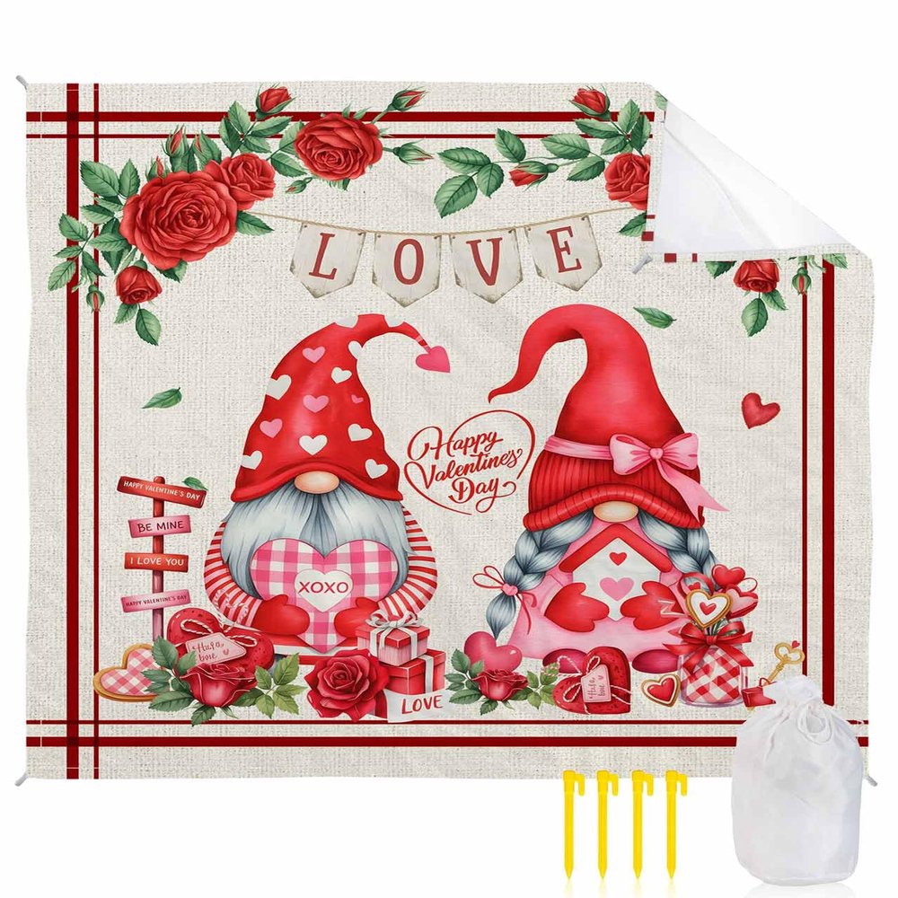Beach Blanket, Happy Valentine's Day Love Gnome Rose Flowers Red Stripes Linen Beach Mat 83"x79" Large Picnic Blanket,Sandproof Waterproof Outdoor Beach Blankets for Travel Camping Hiking