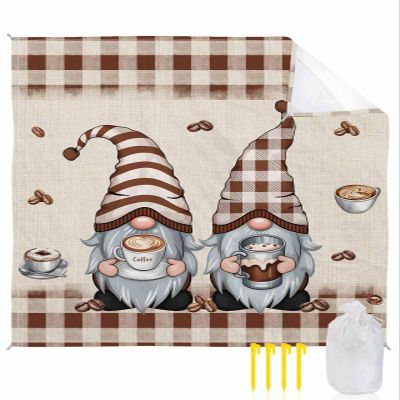 Beach Blanket, Coffee Gnome Coffee Beans with Brown Plaid Rustic Cotton Linen Background Beach Mat 95"x80" Large Picnic Blanket,Sandproof Waterproof Outdoor Beach Blankets for Travel Camping Hiking