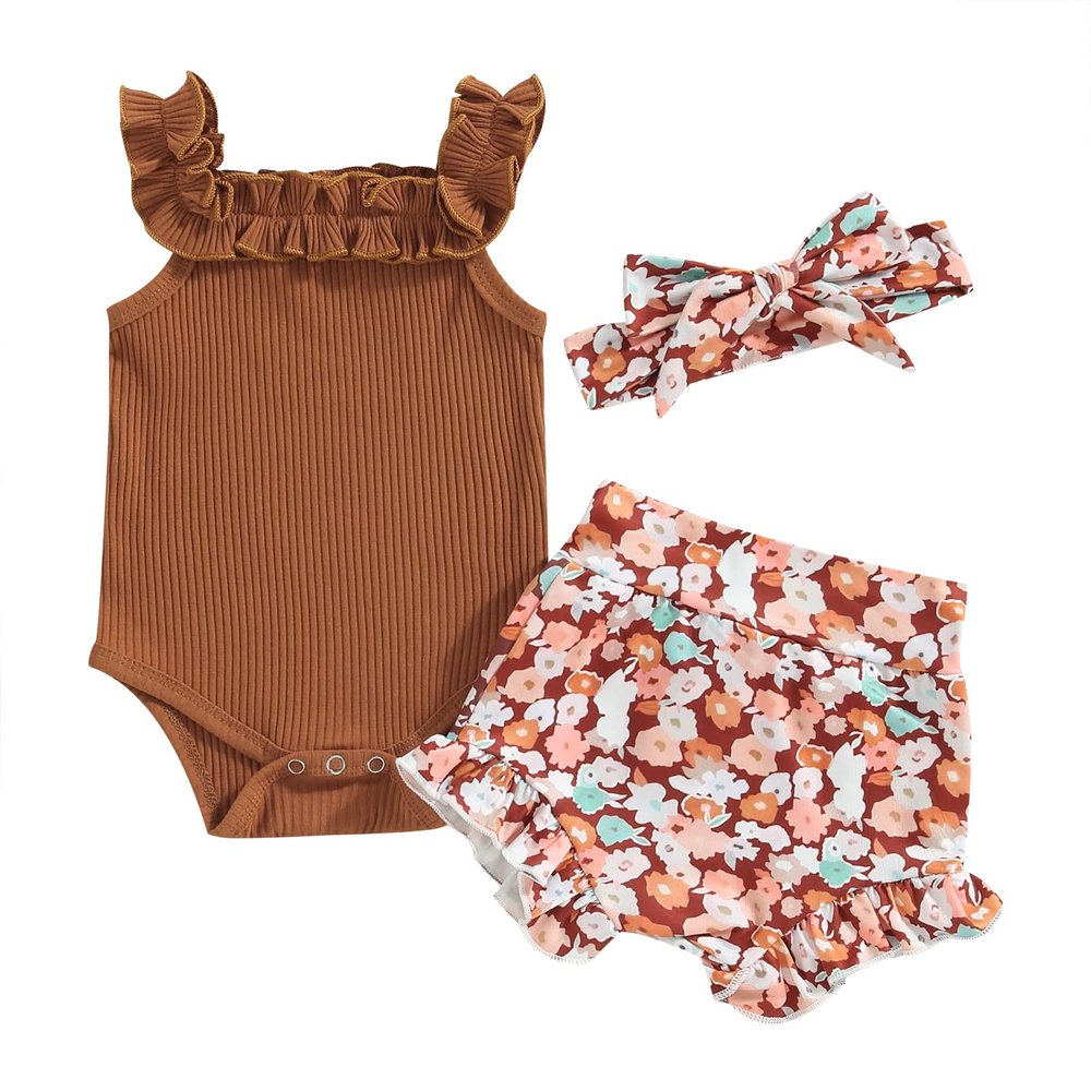 Newborn Baby Girl Clothes Floral Print Sleeveless Knit Romper Ruffle Bloomer Shorts Headband Set Infant Summer Outfits (C-Brown, 0-3 Months)