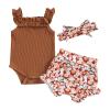 Newborn Baby Girl Clothes Floral Print Sleeveless Knit Romper Ruffle Bloomer Shorts Headband Set Infant Summer Outfits (C-Brown, 0-3 Months) view 1