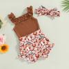 Newborn Baby Girl Clothes Floral Print Sleeveless Knit Romper Ruffle Bloomer Shorts Headband Set Infant Summer Outfits (C-Brown, 0-3 Months) view 2
