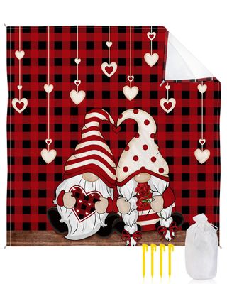 Beach Blanket, Valentine's Day Love Heart Gnome Red Black Plaid Beach Mat 95"x80" Large Picnic Blanket,Sandproof Waterproof Outdoor Beach Blankets for Travel Camping Hiking Beach Vacation
