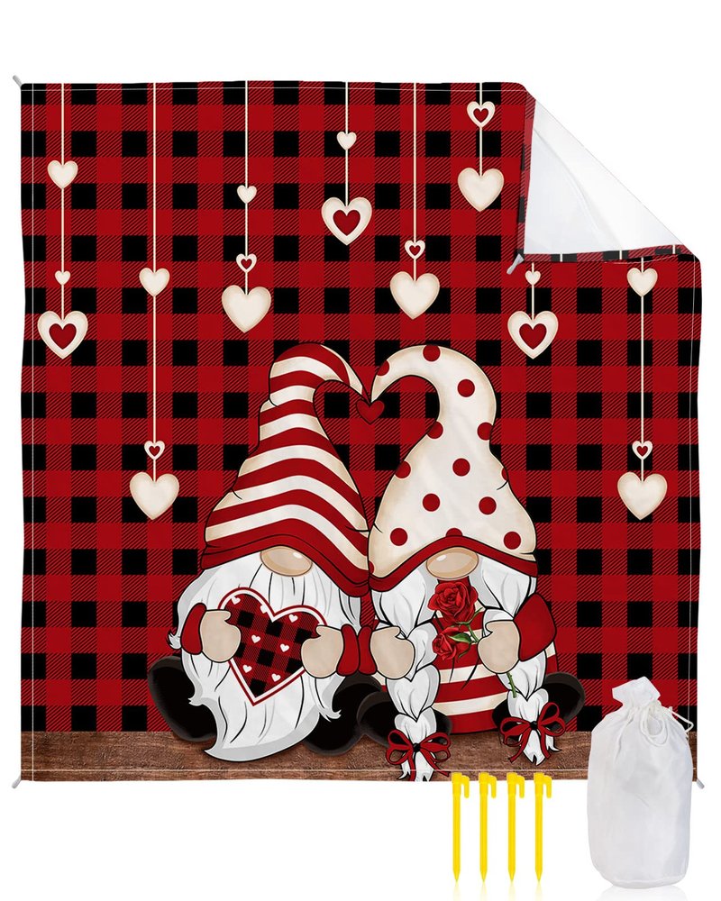 Beach Blanket, Valentine's Day Love Heart Gnome Red Black Plaid Beach Mat 95"x80" Large Picnic Blanket,Sandproof Waterproof Outdoor Beach Blankets for Travel Camping Hiking Beach Vacation
