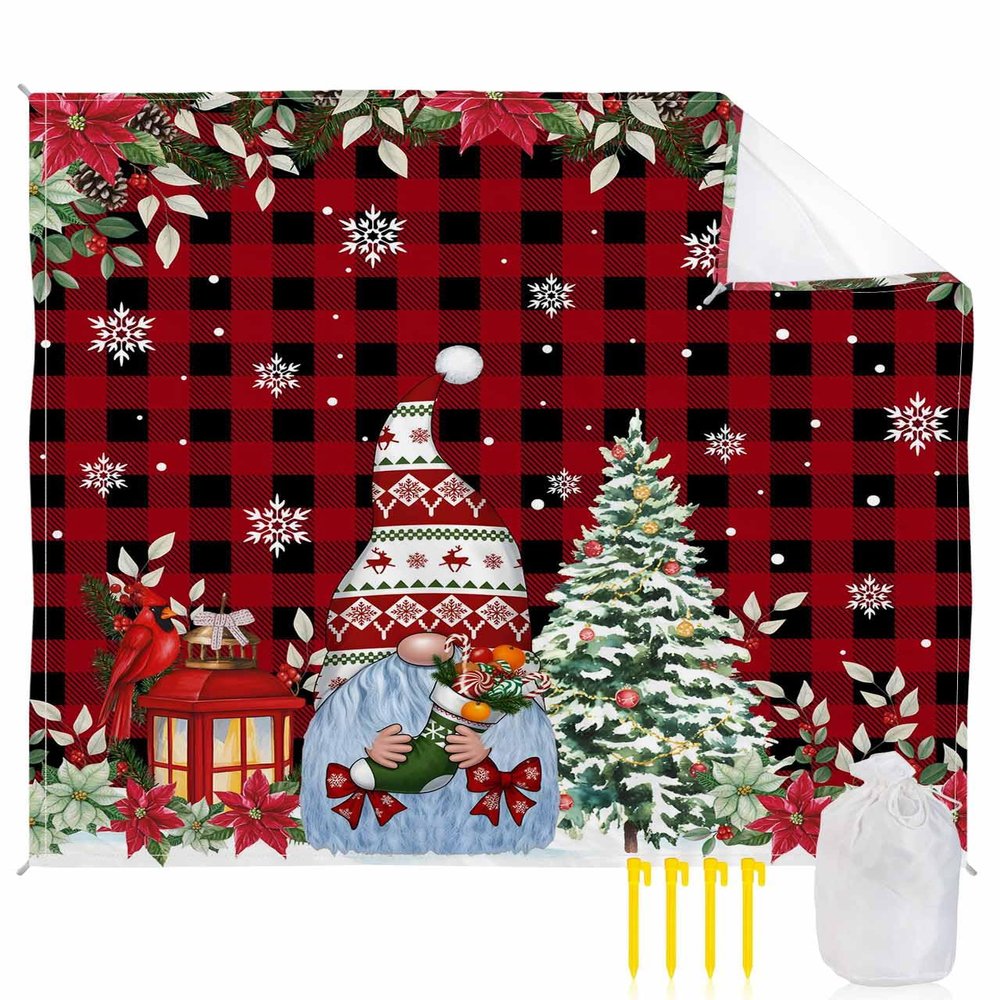 Beach Blanket, Christmas Gnome Xmas Tree Red Black Buffalo Plaid Beach Mat 83"x79" Large Picnic Blanket,Sandproof Waterproof Outdoor Beach Blankets for Travel Camping Hiking Beach Vacation