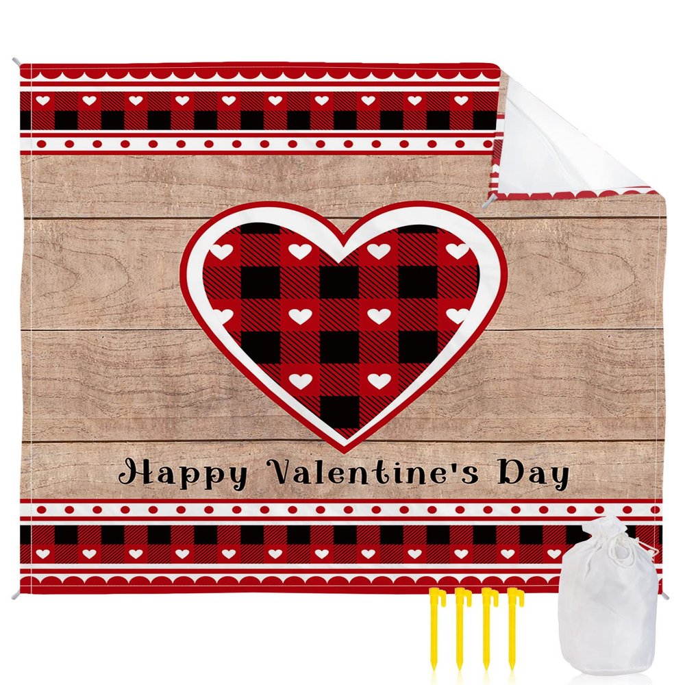 Beach Blanket, Happy Valentine's Day Red Plaid Love Heart Wood Grain Beach Mat 83"x79" Large Picnic Blanket,Sandproof Waterproof Outdoor Beach Blankets for Travel Camping Hiking Beach Vacation