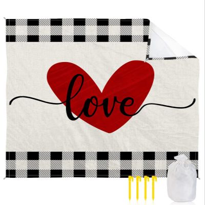 Beach Blanket, Love Valentines Red Heart Black White Buffalo Plaid Linen Beach Mat 83"x79" Large Picnic Blanket,Sandproof Waterproof Outdoor Beach Blankets for Travel Camping Hiking Beach Vacation