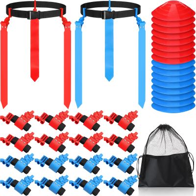 Wettarn 16 Players 10/16 Player Flag Football Belts Adjustable Flag Football Set with Cones Bag for Youth Adults Kids Training Sport (Red,Blue)