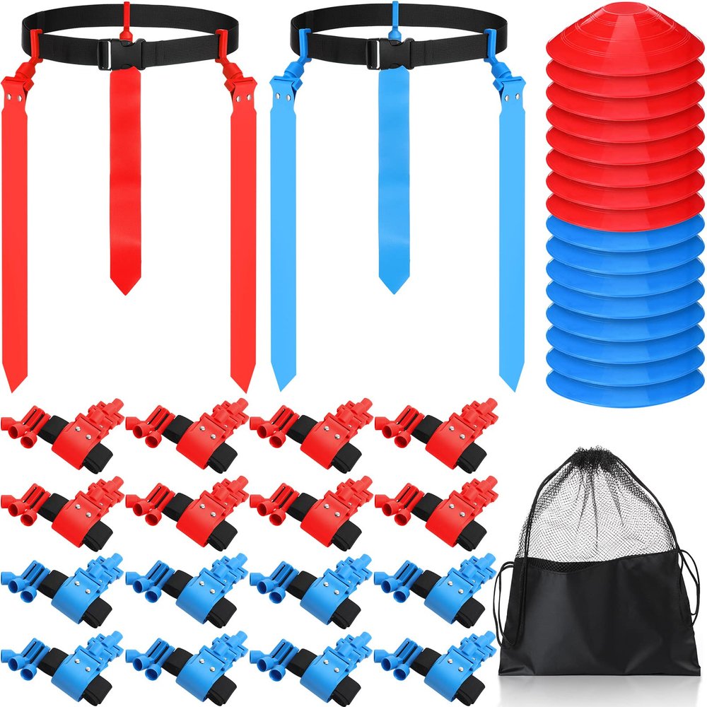 Wettarn 16 Players 10/16 Player Flag Football Belts Adjustable Flag Football Set with Cones Bag for Youth Adults Kids Training Sport (Red,Blue)