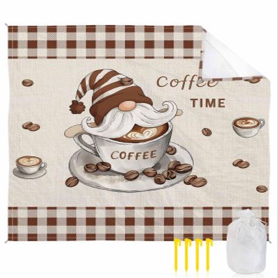 Beach Blanket, Coffee Dwarf Funny Gnomes Linen Texture Brown Plaid Border Beach Mat 83"x79" Large Picnic Blanket,Sandproof Waterproof Outdoor Beach Blankets for Travel Camping Hiking Beach Vacation