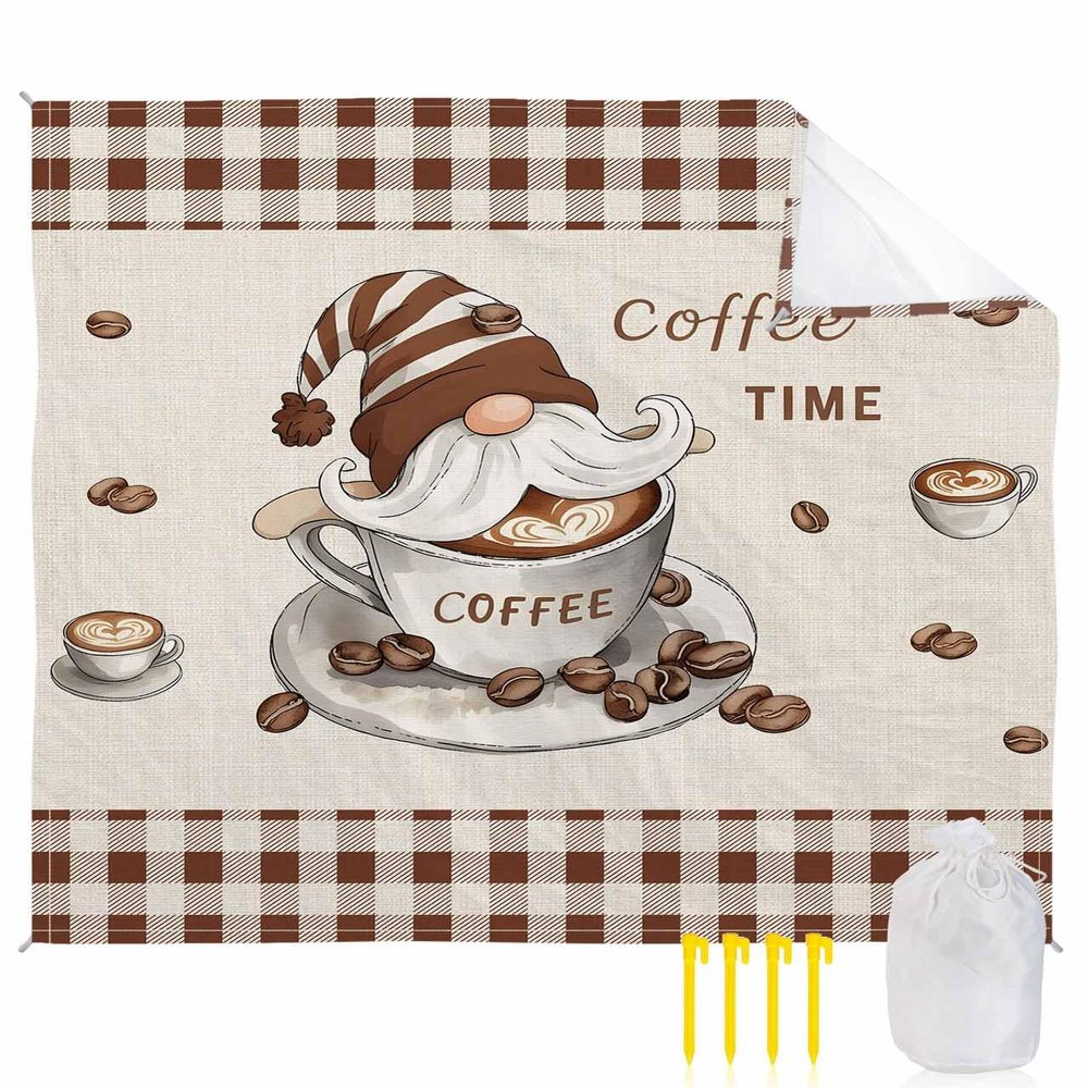 Beach Blanket, Coffee Dwarf Funny Gnomes Linen Texture Brown Plaid Border Beach Mat 83"x79" Large Picnic Blanket,Sandproof Waterproof Outdoor Beach Blankets for Travel Camping Hiking Beach Vacation