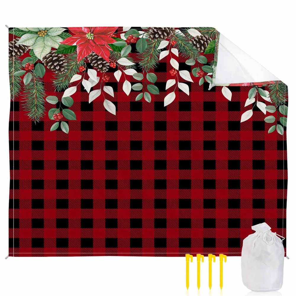 Beach Blanket, Christmas Poinsettia Pine Cone Red Buffalo Plaid Beach Mat 95"x80" Large Picnic Blanket,Sandproof Waterproof Outdoor Beach Blankets for Travel Camping Hiking Beach Vacation