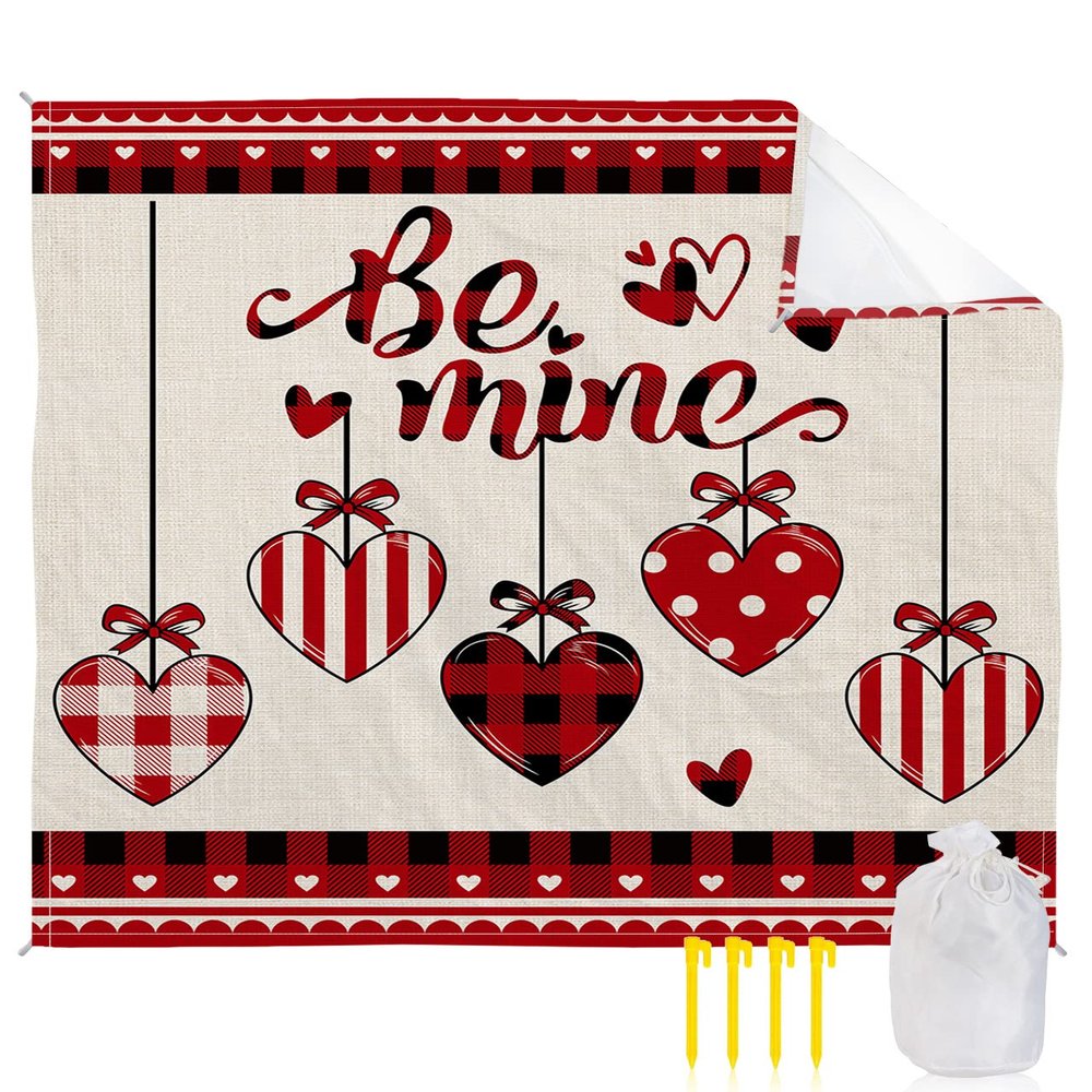 Beach Blanket, Valentine's Day Be Mine Love Romantic Heart Red Black Plaid Beach Mat 95"x80" Large Picnic Blanket,Sandproof Waterproof Outdoor Beach Blankets for Travel Camping Hiking Beach Vacation