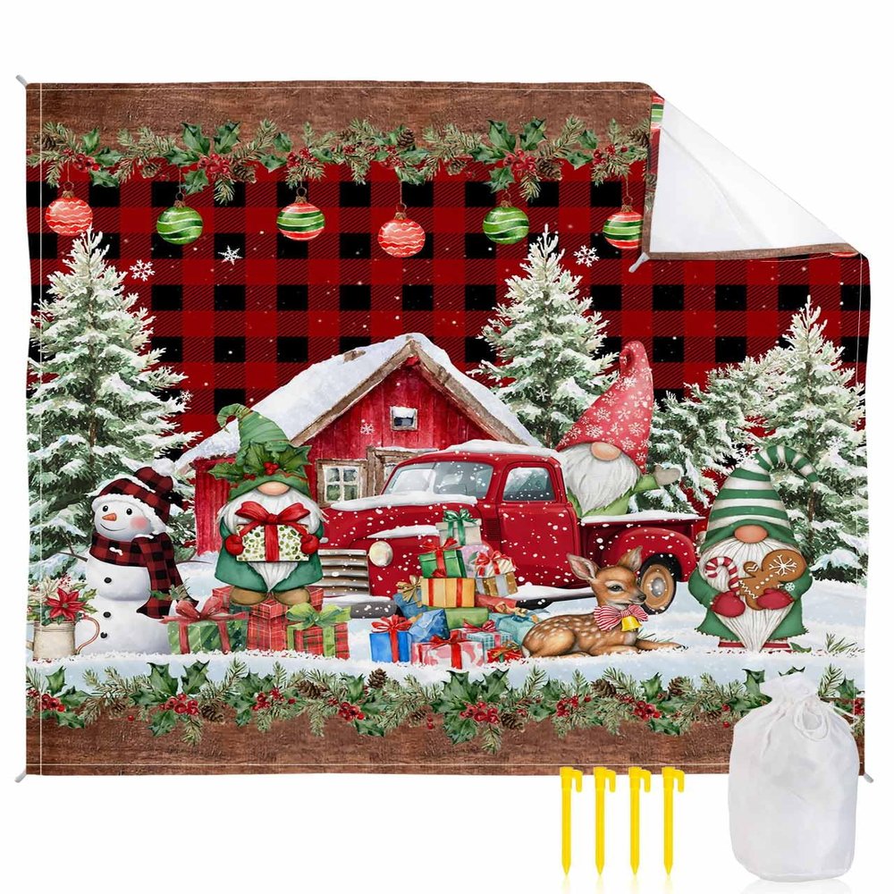 Beach Blanket, Christmas Gnome Truck Xmas Tree Farmhouse Red Plaid Beach Mat 83"x79" Large Picnic Blanket,Sandproof Waterproof Outdoor Beach Blankets for Travel Camping Hiking Beach Vacation