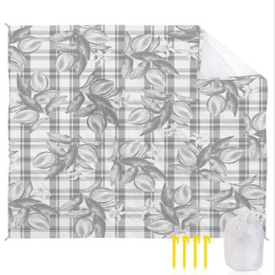 Beach Blanket, Hand Painted Summer Lemon Flowers Grey Plaid Beach Mat 95"x80" Large Picnic Blanket,Sandproof Waterproof Outdoor Beach Blankets for Travel Camping Hiking Beach Vacation