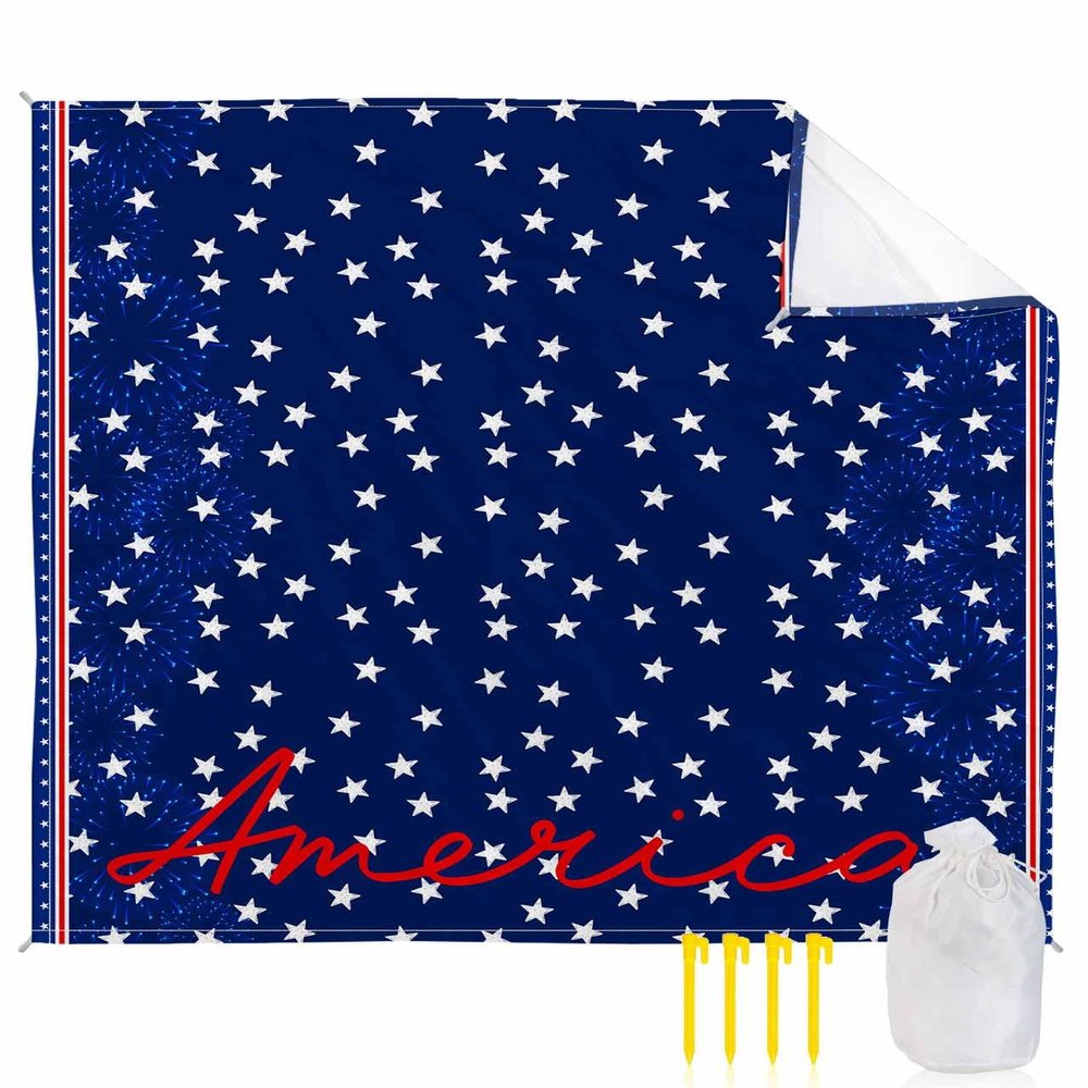 Beach Blanket, Independence Day Shining Stars Fireworks And Stripes Beach Mat 83"x79" Large Picnic Blanket,Sandproof Waterproof Outdoor Beach Blankets for Travel Camping Hiking Beach Vacation