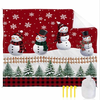 Beach Blanket, Christmas Tres Snowman Snowflake Black and Red Plaid Buffalo Beach Mat 108"x84" Large Picnic Blanket,Sandproof Waterproof Outdoor Beach Blankets for Travel Camping Hiking Beach Vacation