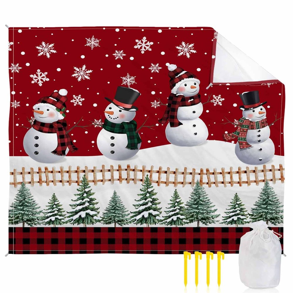 Beach Blanket, Christmas Tres Snowman Snowflake Black and Red Plaid Buffalo Beach Mat 108"x84" Large Picnic Blanket,Sandproof Waterproof Outdoor Beach Blankets for Travel Camping Hiking Beach Vacation